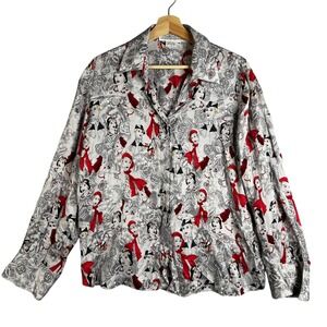 STARINGTON Silk Women's Shirt Satin Portrait Print Red Bows Long Sleeve Size 16